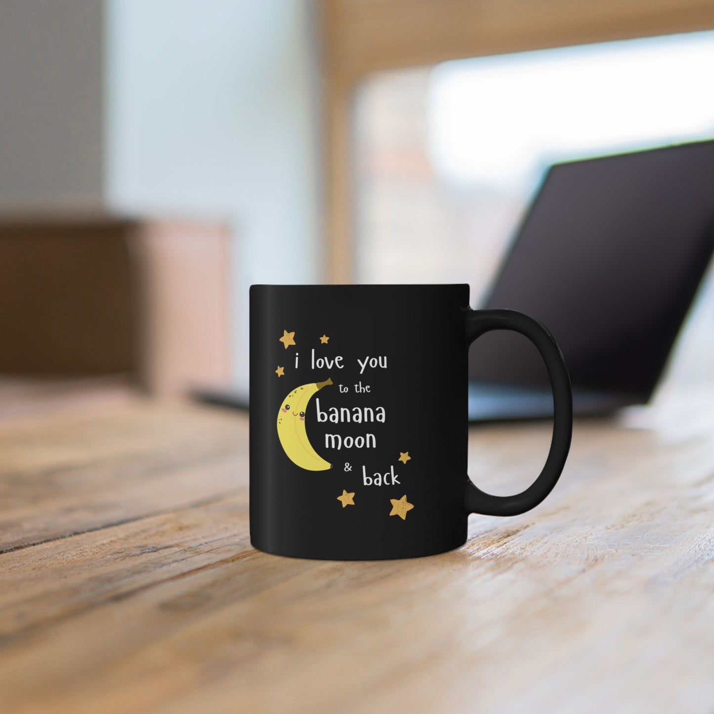Black Ceramic Coffee Cup - "I Love You to the Banana Moon & Back"