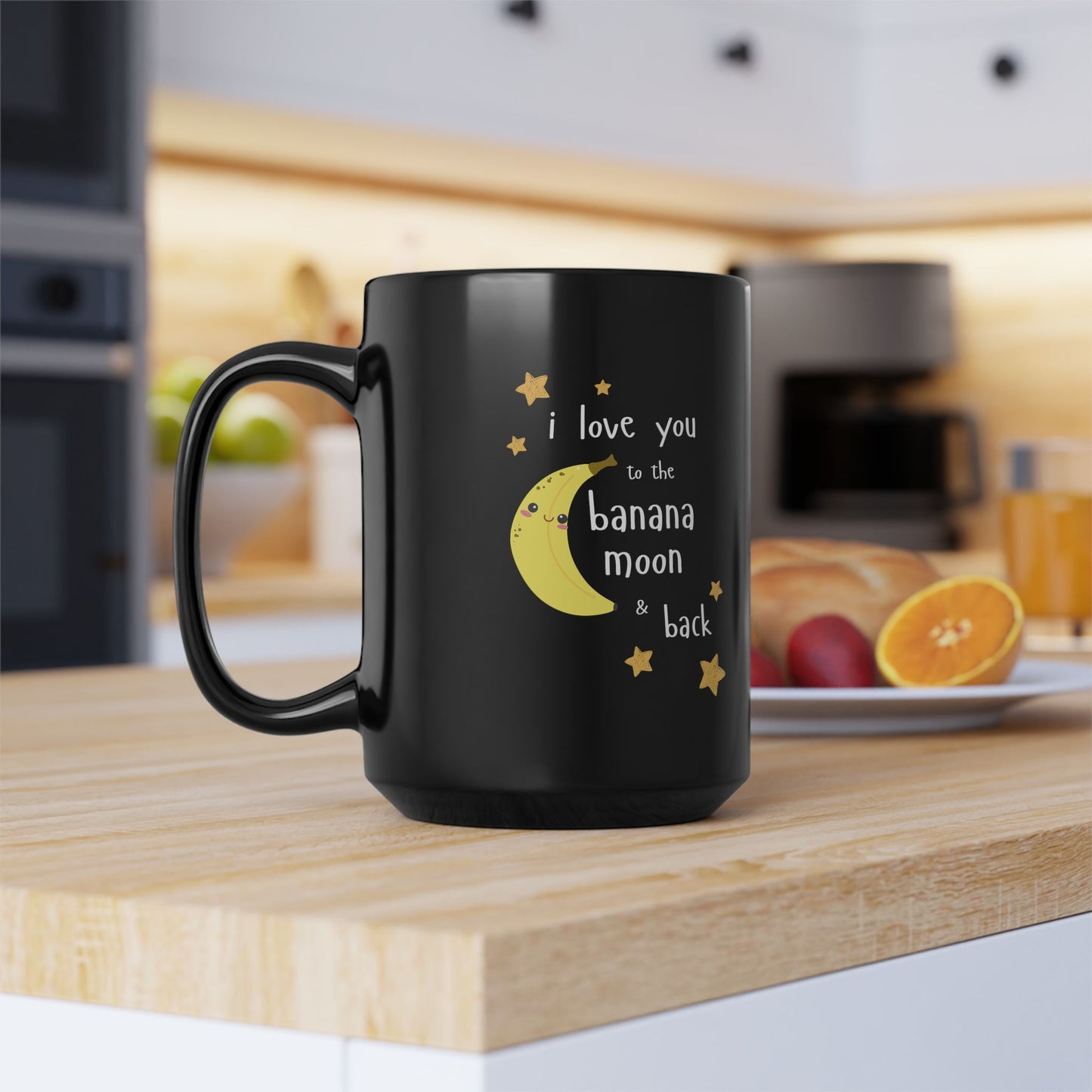 Black Ceramic Coffee Cup - "I Love You to the Banana Moon & Back"